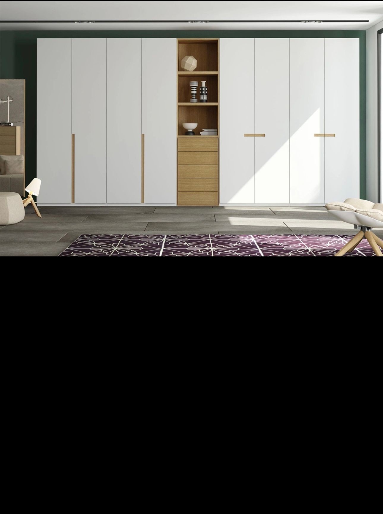 Modern bedroom with white and wood wardrobe, purple patterned rug, and grey tiled floor.